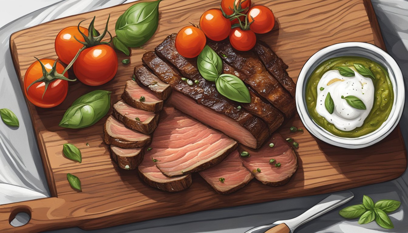 A rustic wooden cutting board with sliced crispy Texas brisket, cherry tomatoes, burrata, and a drizzle of basil oil