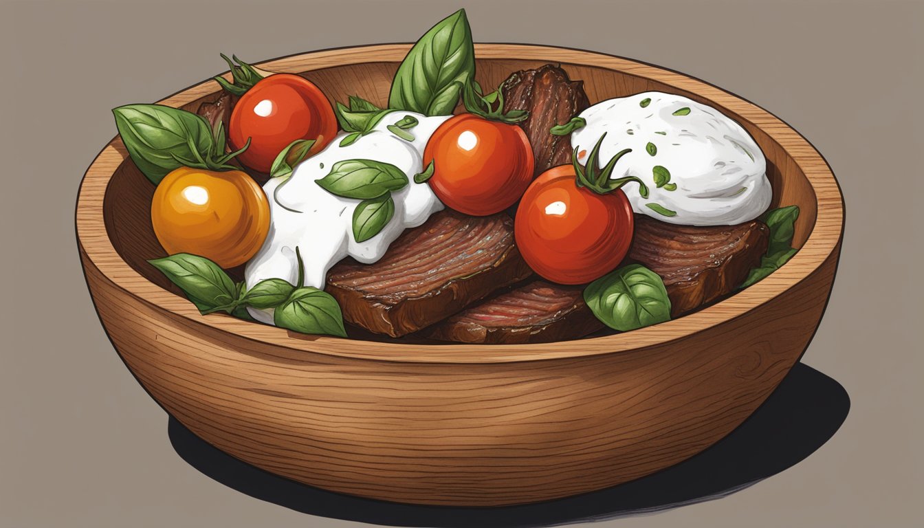 A wooden bowl filled with crispy Texas brisket, cherry tomatoes, burrata, and drizzled with basil oil