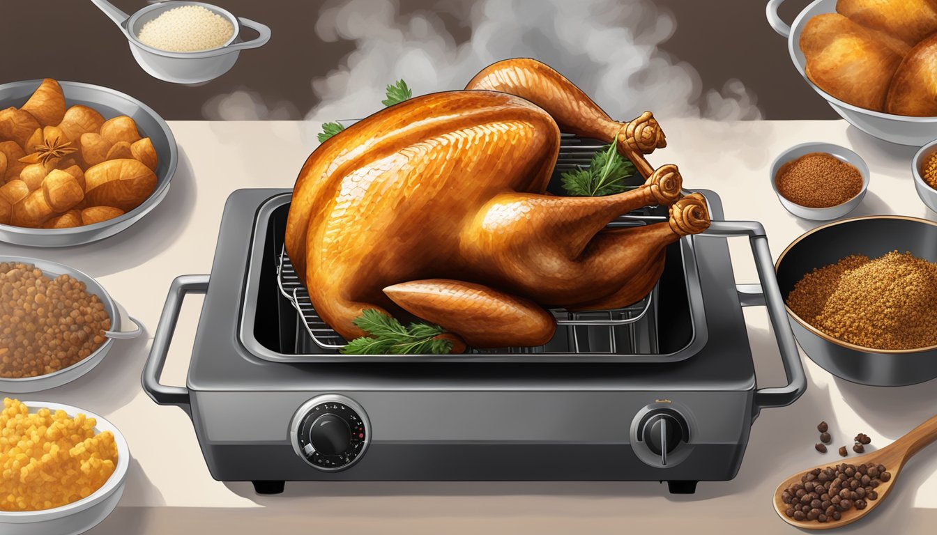 A large, golden-brown turkey sizzling in a deep fryer, surrounded by a cloud of aromatic smoke and a backdrop of Texas-style seasonings and spices