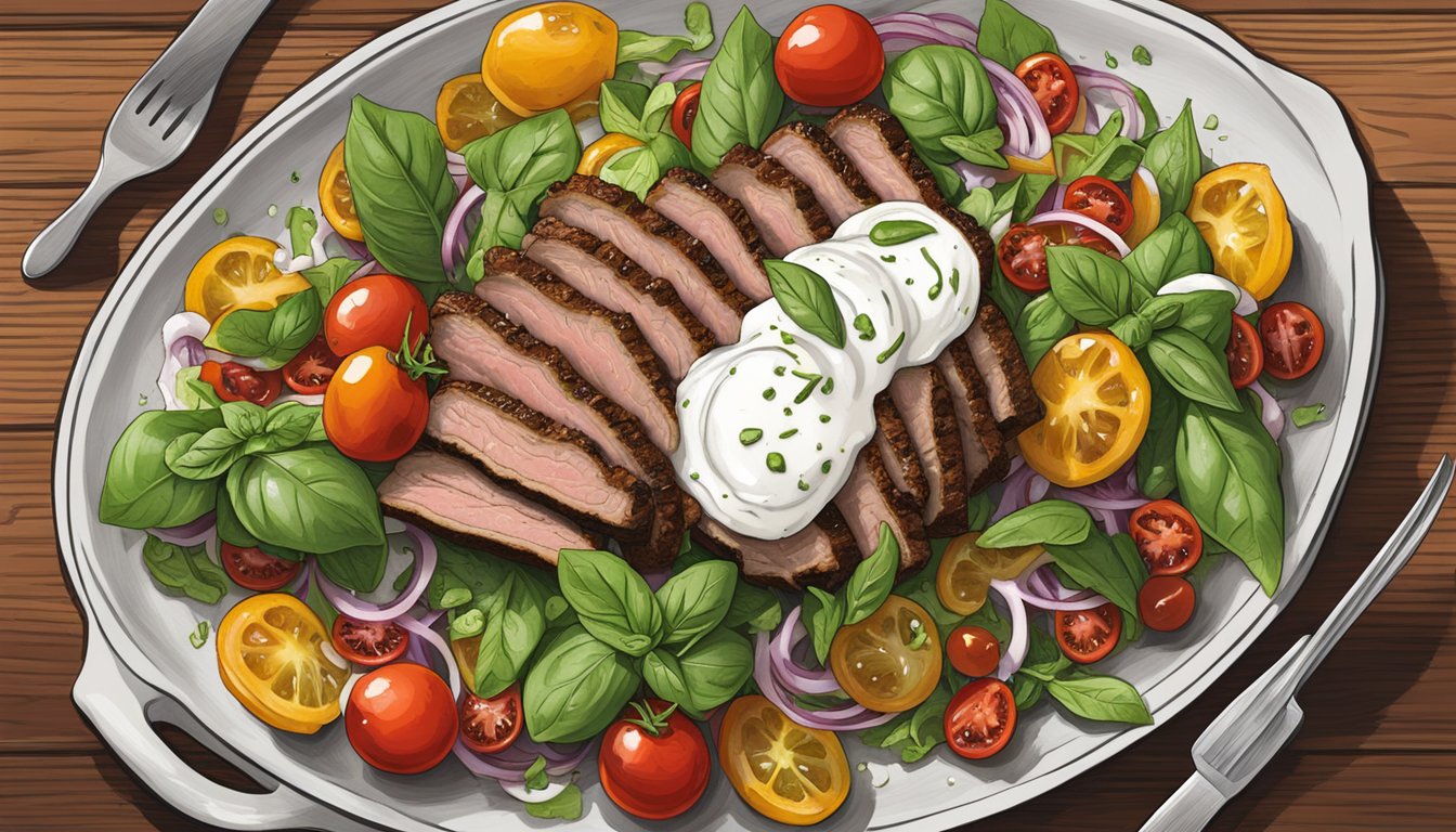 A wooden serving platter with a crispy Texas brisket salad, topped with cherry tomatoes, fresh burrata, and drizzled with basil oil