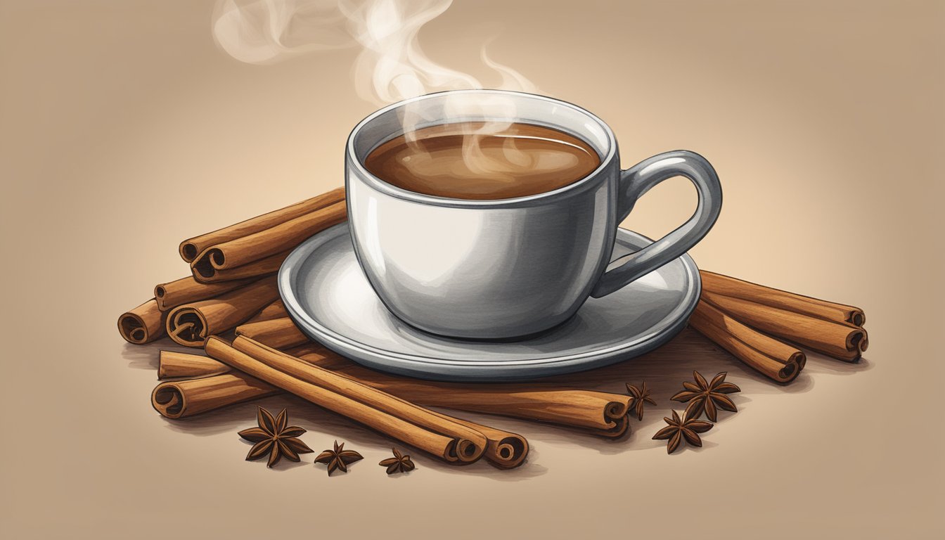 A steaming mug of Texas Tea sits on a rustic wooden table, surrounded by cinnamon sticks and cloves, emitting a warm, inviting aroma