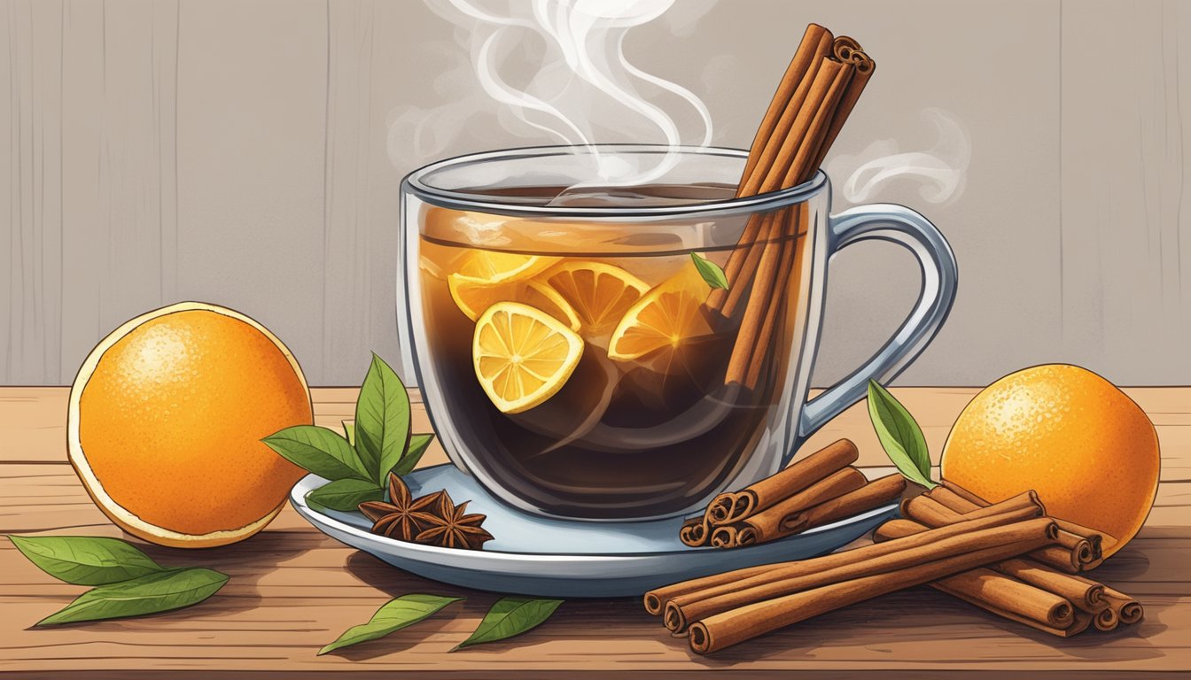 A steaming mug of Texas tea surrounded by cinnamon sticks, cloves, and citrus slices on a rustic wooden table