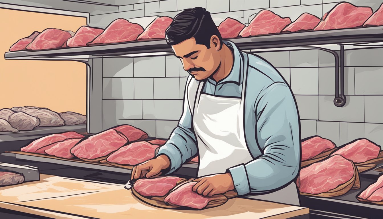 A butcher selecting a marbled cut of beef for barbacoa empanadas