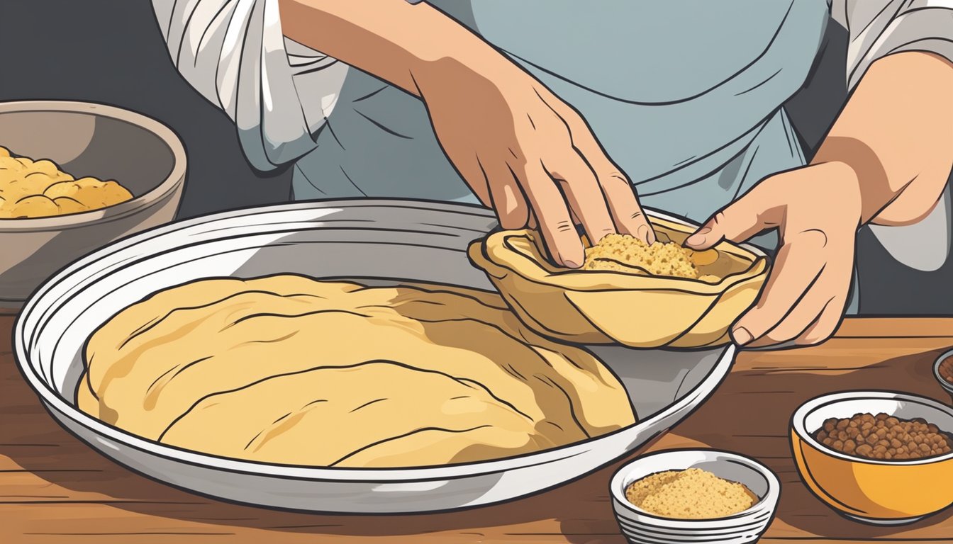 A pair of hands expertly knead dough on a floured surface, surrounded by bowls of savory barbacoa filling and traditional empanada ingredients