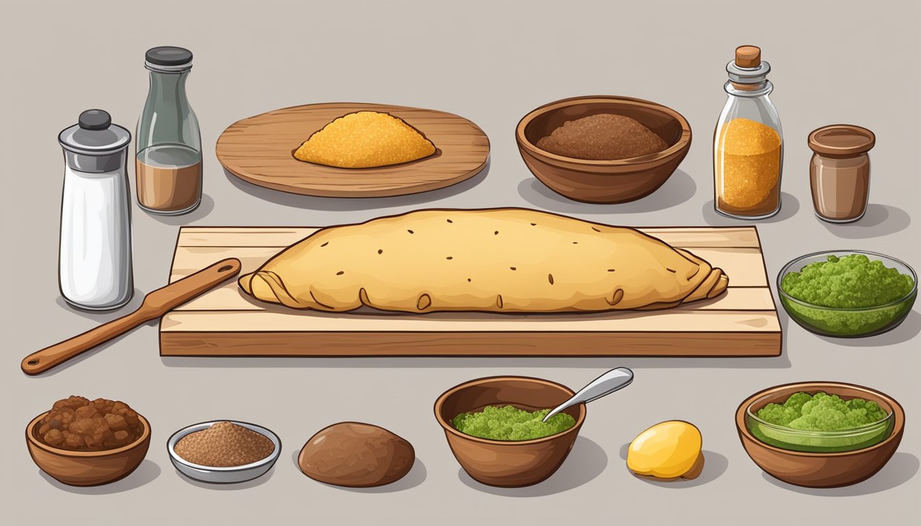 A table with various ingredients and utensils for making barbacoa empanadas, including dough, seasoned meat, and a rolling pin