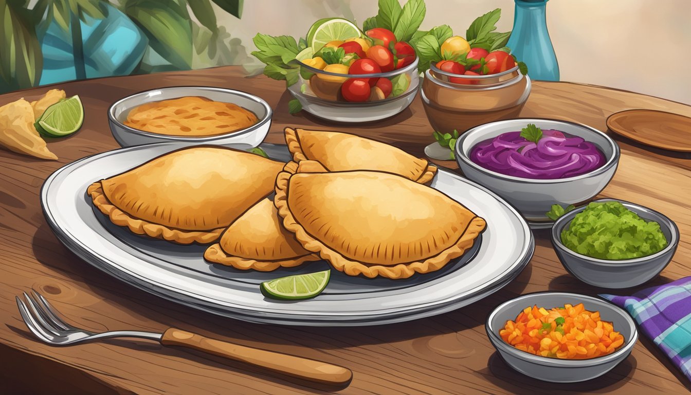 A rustic wooden table with a plate of freshly baked barbacoa empanadas, surrounded by colorful garnishes and serving utensils