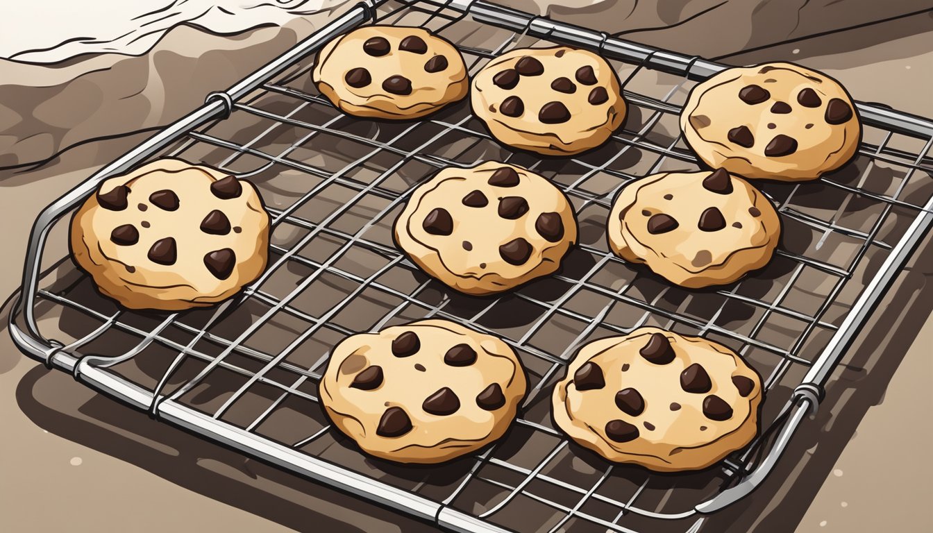 A Texas-sized chocolate chip cookie cooling on a wire rack, surrounded by scattered chocolate chips and a bowl of flour