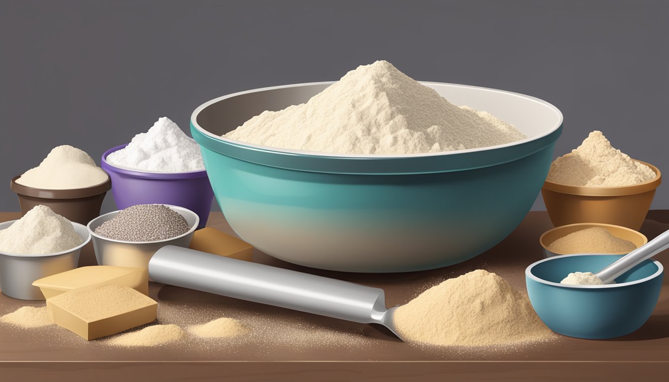 A large mixing bowl filled with flour, sugar, and chocolate chips, surrounded by measuring cups and spoons, a rolling pin, and a baking sheet