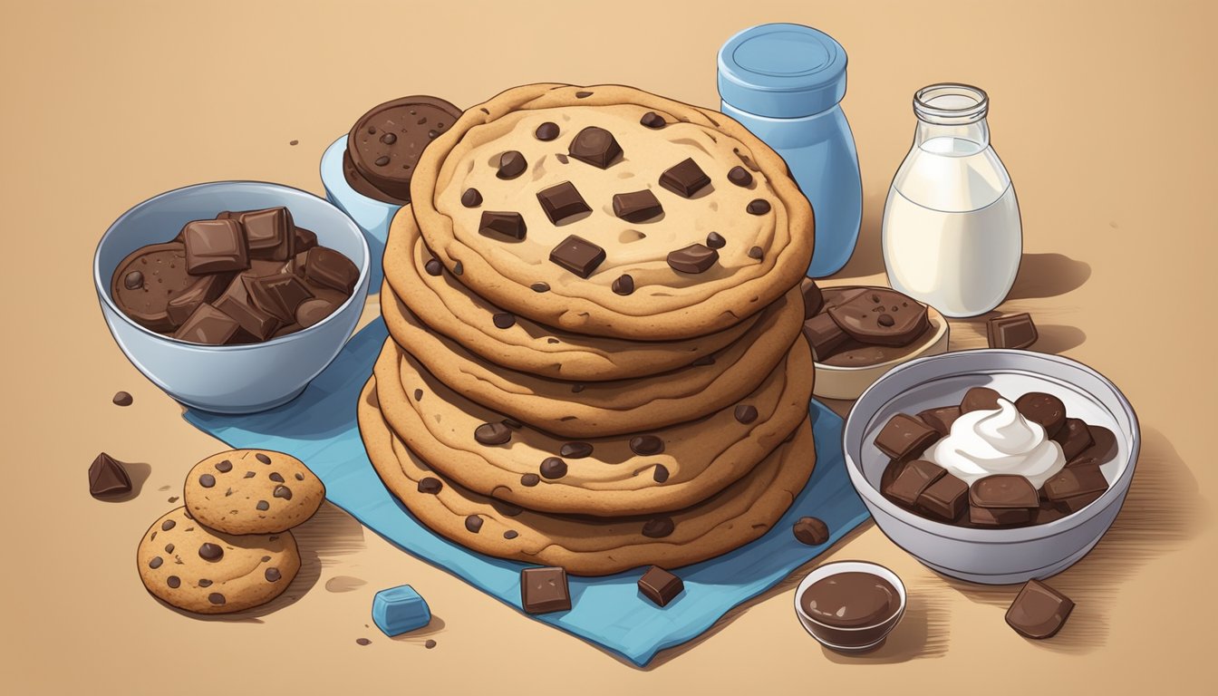 A giant chocolate chip cookie surrounded by smaller cookies and various ingredients like flour, sugar, and chocolate chips