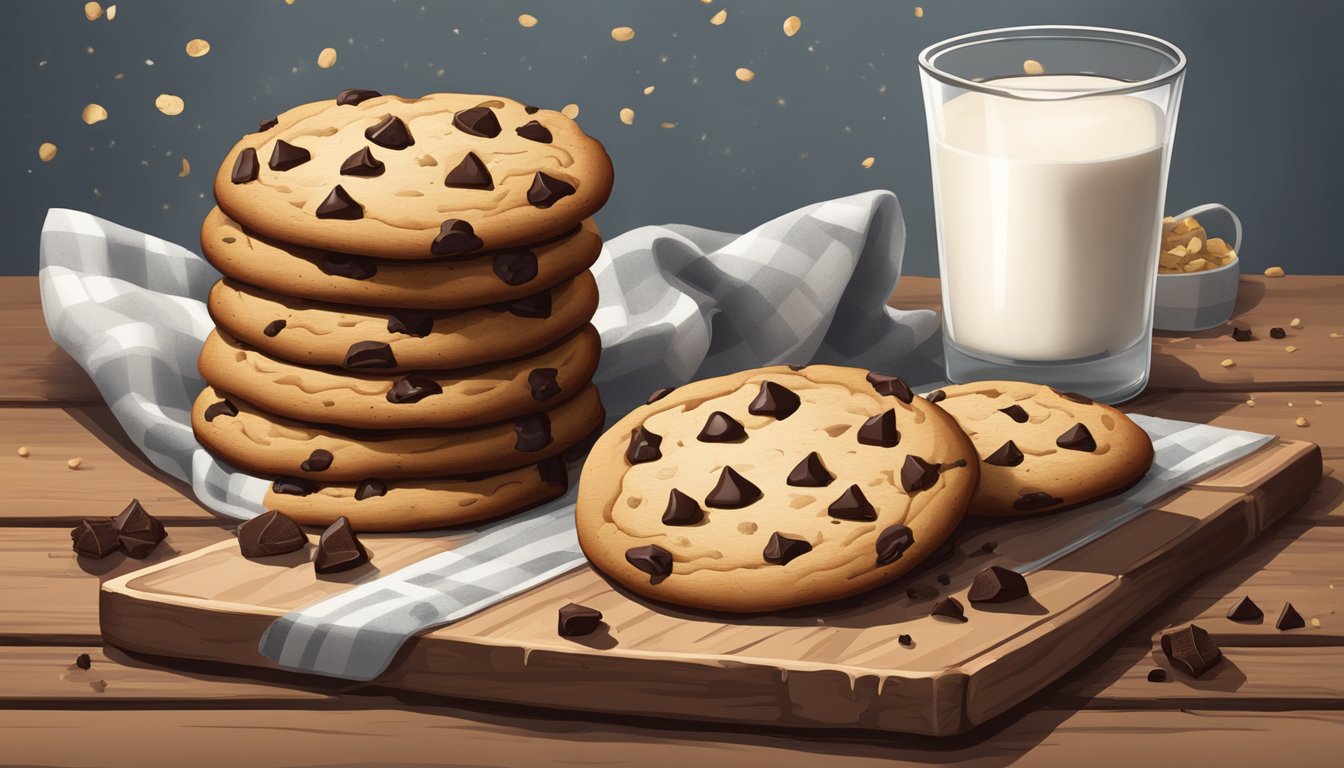 A large, freshly baked chocolate chip cookie sits on a rustic wooden cutting board, surrounded by scattered crumbs and a glass of milk