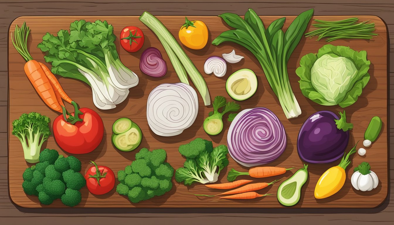 A colorful array of fresh vegetables, herbs, and lean proteins spread out on a wooden cutting board, ready to be transformed into flavorful, heart-healthy Texas recipes