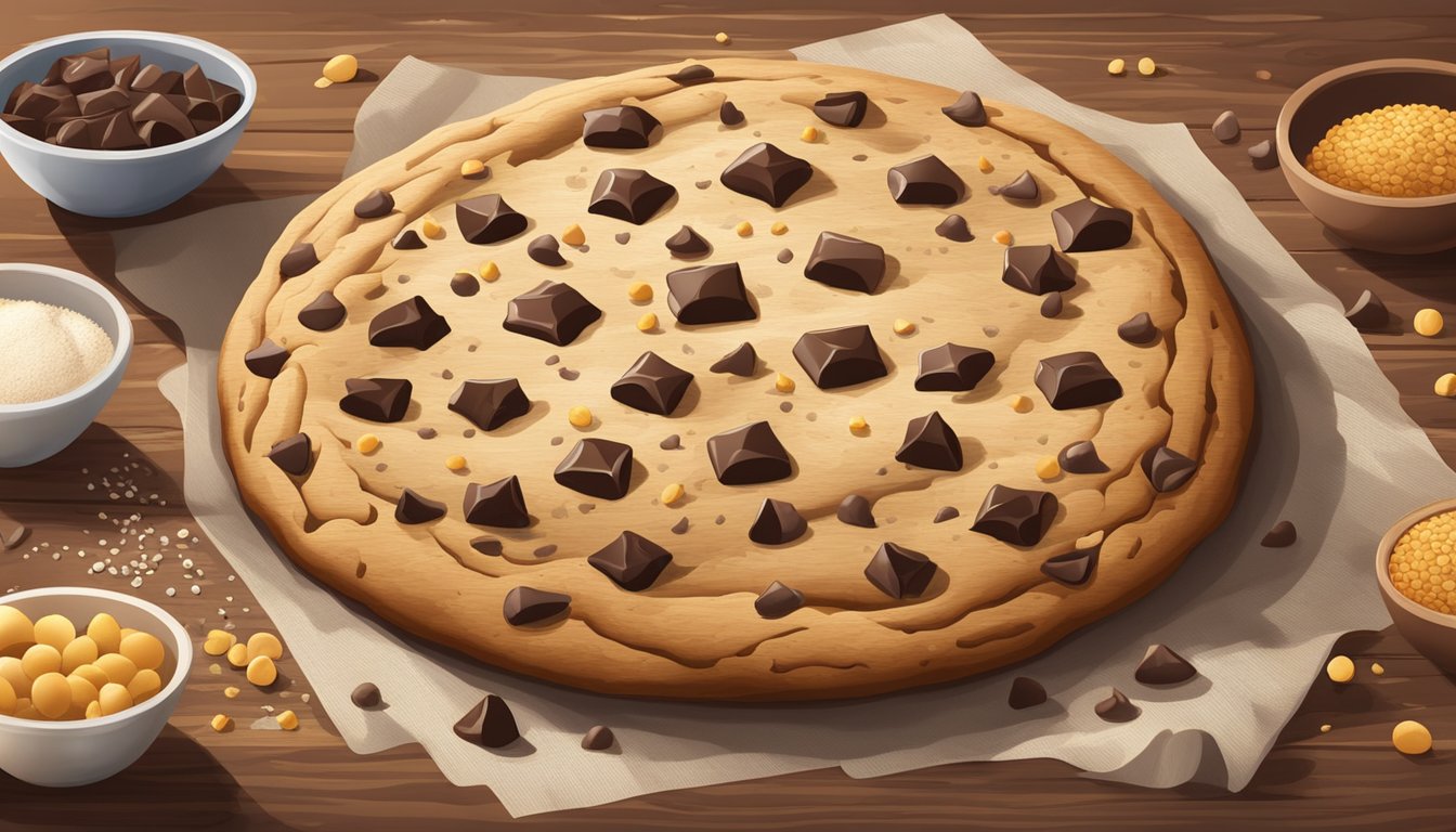 A large chocolate chip cookie surrounded by ingredients like flour, sugar, and chocolate chips on a wooden countertop