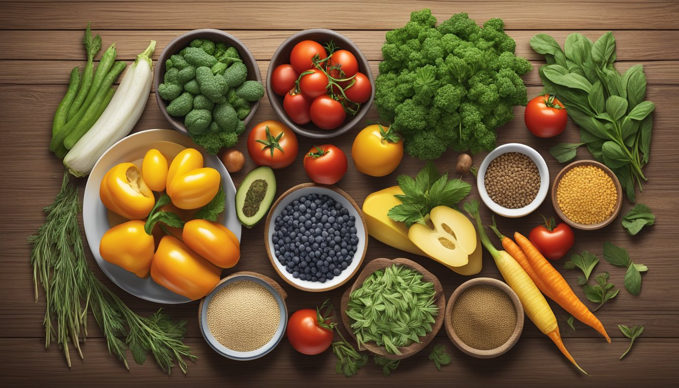 A colorful array of fresh Texas produce and herbs, surrounded by heart-healthy grains and lean proteins, all arranged on a rustic wooden table