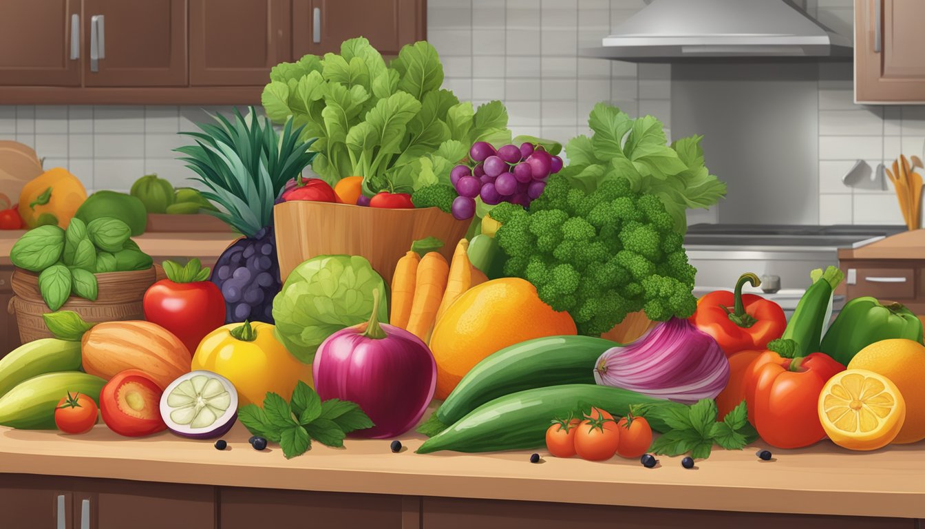 A colorful array of fresh fruits, vegetables, and herbs arranged on a kitchen counter, with a variety of spices and seasonings in the background