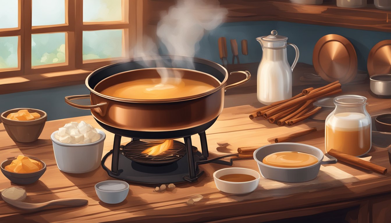 A rustic kitchen with a copper pot simmering over an open flame, filled with creamy goats milk caramel. Ingredients like sugar, vanilla, and cinnamon are scattered on a wooden table