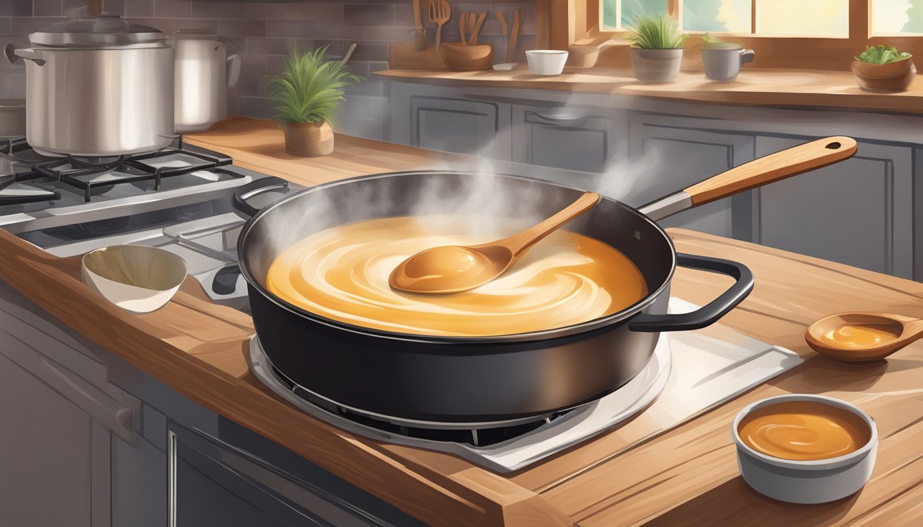 A rustic kitchen with a pot simmering on a stovetop, filled with creamy goat's milk caramel being stirred with a wooden spoon