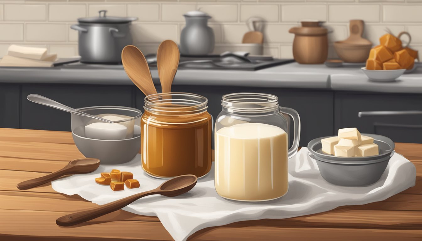 A rustic kitchen table with a jar of goats milk caramel, a pot of simmering ingredients, and a wooden spoon