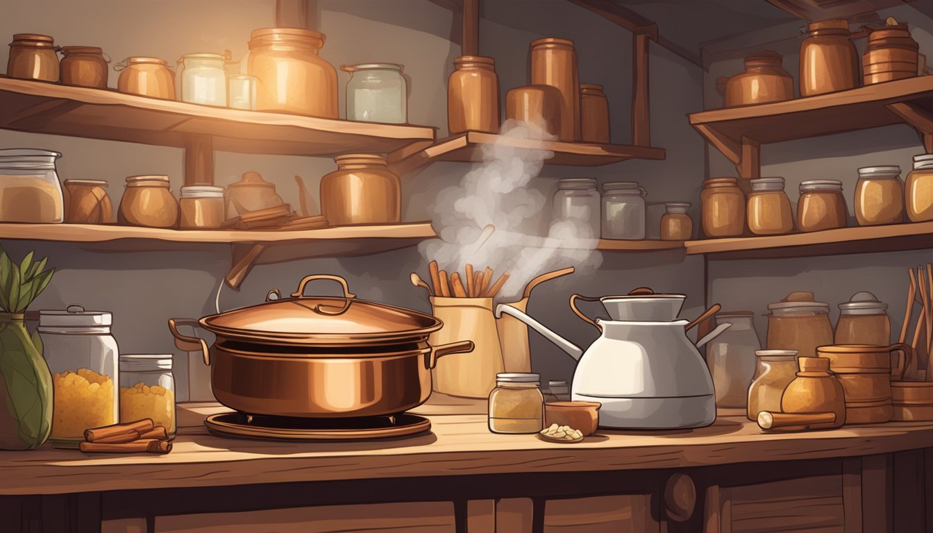 A rustic kitchen with a copper pot simmering over an open flame, filled with creamy, golden cajeta. Jars of goats' milk and sugar line the shelves, while vanilla beans and cinnamon sticks sit nearby