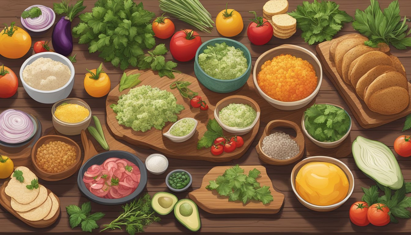 A spread of colorful, fresh ingredients and herbs on a wooden cutting board, with a variety of Texas-inspired dishes in the background