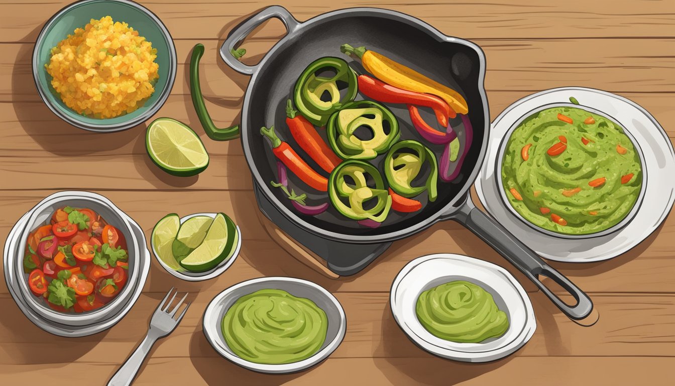 Grilled vegetables sizzling on a hot skillet next to a plate of freshly made guacamole and a bowl of spicy salsa