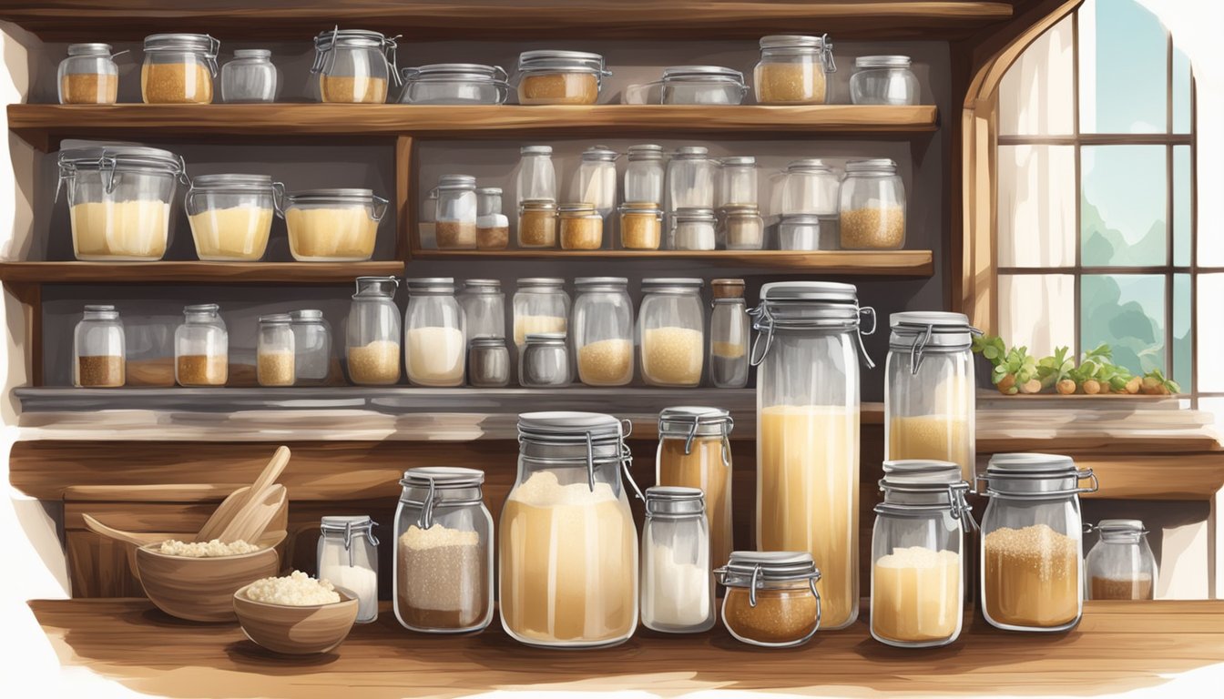 A rustic kitchen with shelves of glass jars filled with homemade cajeta, surrounded by fresh goat milk and caramelized sugar