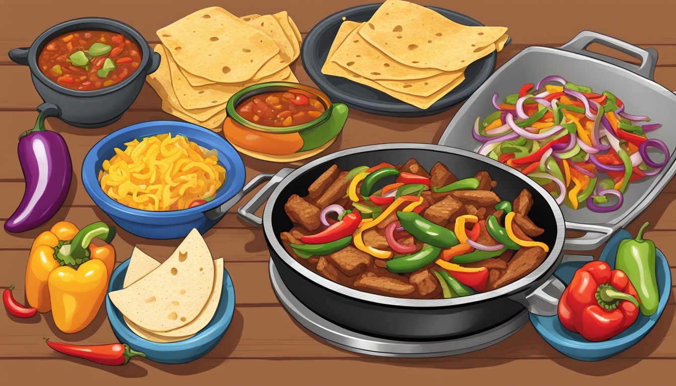 A sizzling skillet of Texas fajitas with colorful peppers and onions, accompanied by warm tortillas and a side of zesty salsa