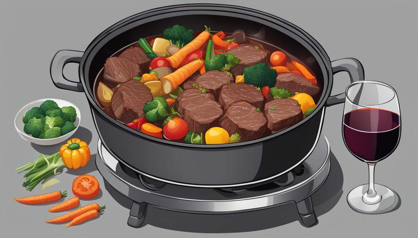 A large pot simmering on a stove, filled with chunks of tender beef, vibrant red wine, and a medley of colorful vegetables