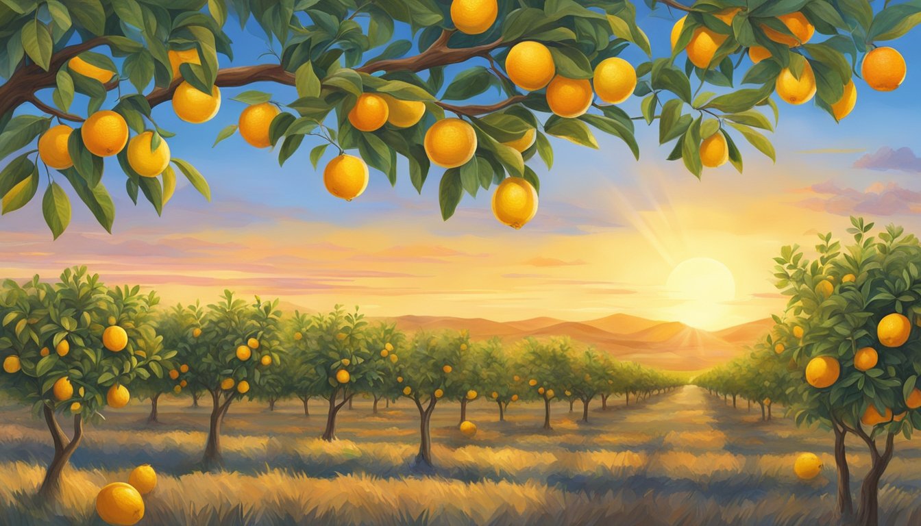 A vibrant Texas sunrise over a citrus orchard, with ripe oranges and lemons hanging from the branches, surrounded by rolling hills and a clear blue sky