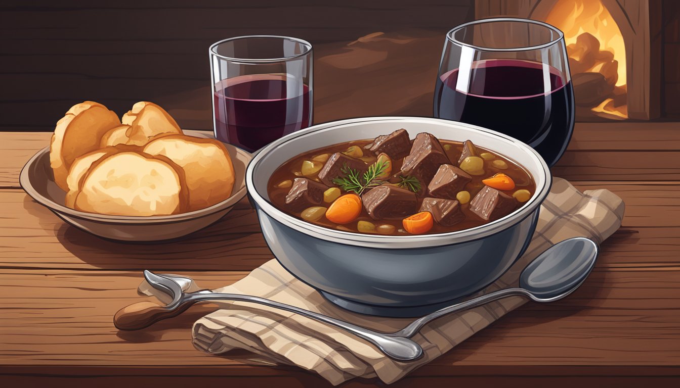 A steaming bowl of Texas beef stew sits next to a glass of rich red wine on a rustic wooden table