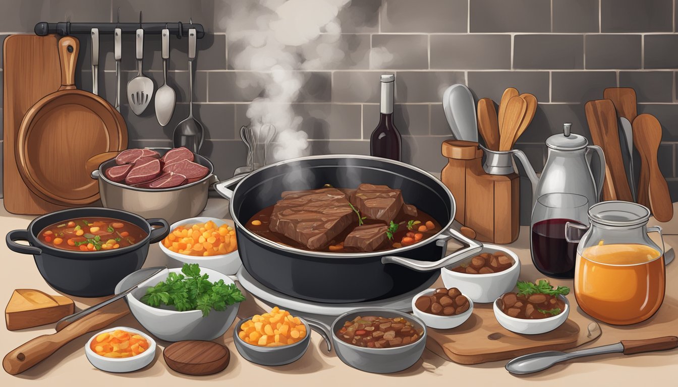 A rustic kitchen counter with a steaming pot of Texas beef and red wine stew, surrounded by various cooking utensils and ingredients