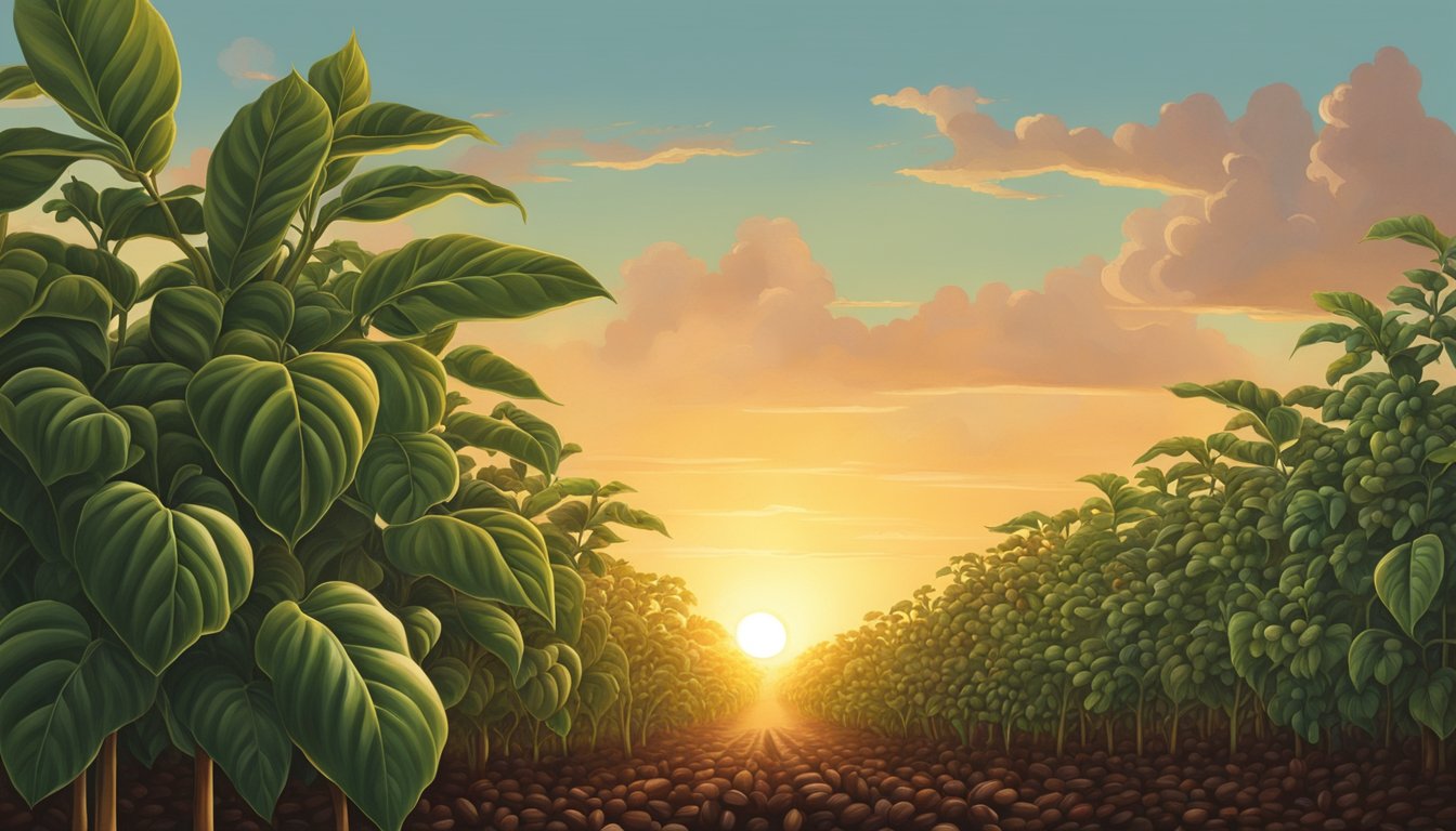 A regal coffee plant stands tall in the heart of Texas, surrounded by fields of rich, dark beans. The sun sets behind the horizon, casting a warm glow over the plantation