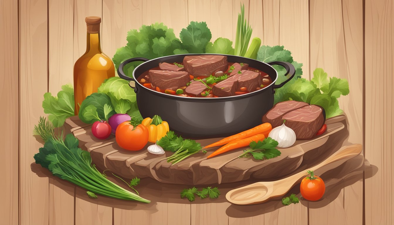 A steaming pot of hearty beef and red wine stew surrounded by fresh vegetables and herbs on a rustic wooden table