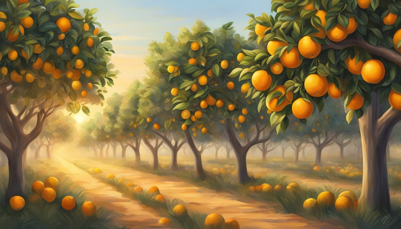 A rustic Texan citrus orchard at sunrise, with ripe oranges, lemons, and grapefruits hanging from the trees