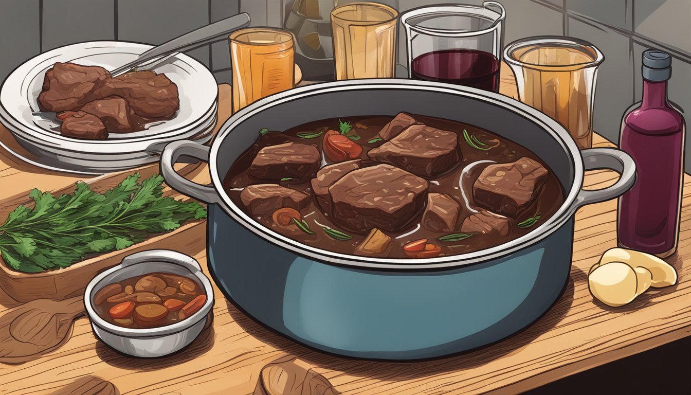 A simmering pot of Texas beef and red wine stew with steam rising. Ingredients and utensils scattered on a kitchen counter