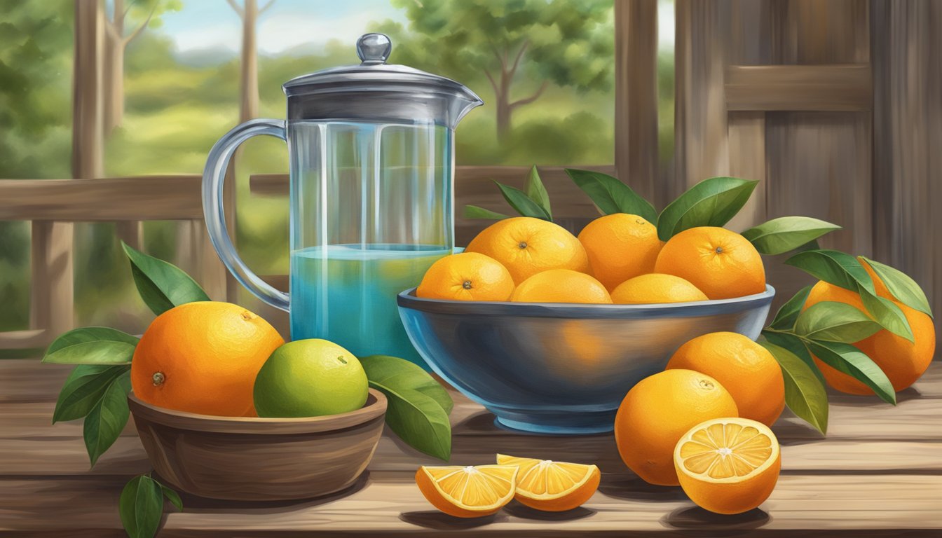 A rustic wooden table with a glass pitcher filled with freshly squeezed citrus juice, surrounded by vibrant Texas-grown oranges and lemons