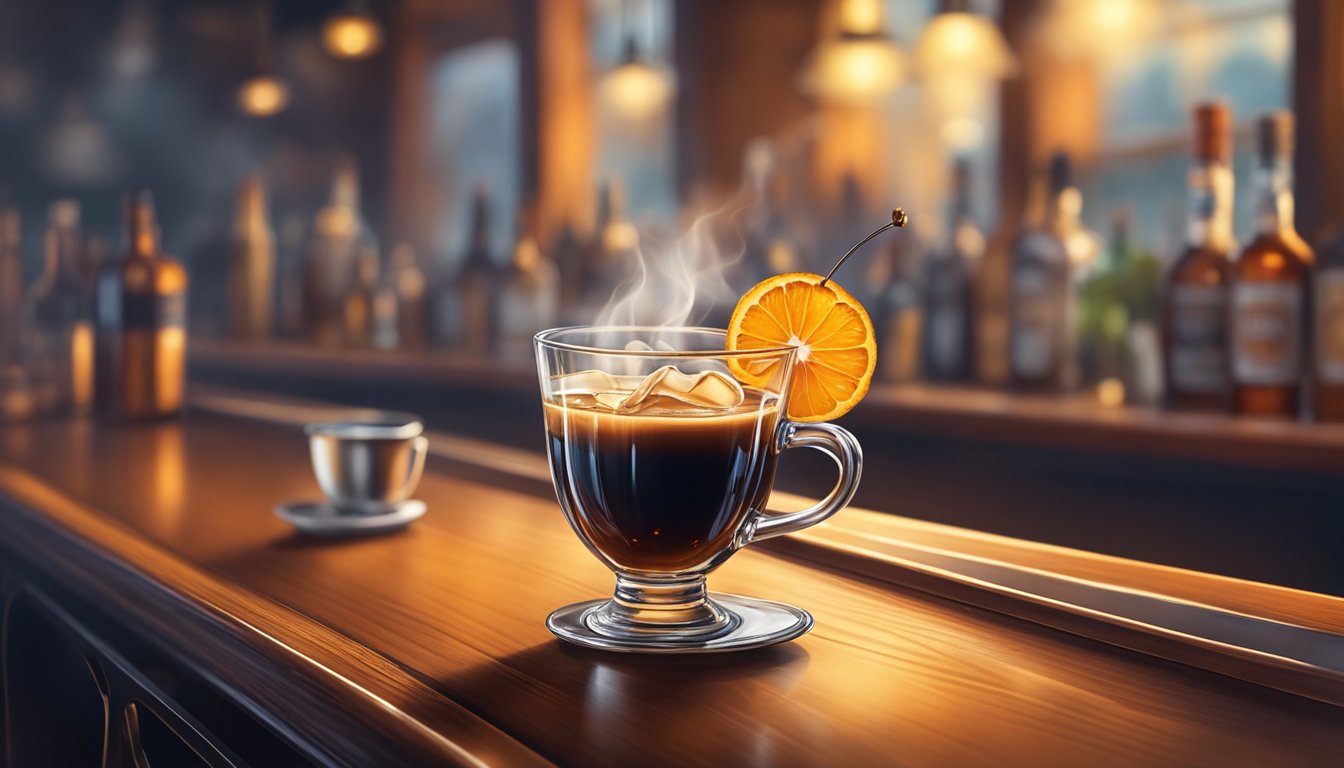 A steaming cup of coffee with a splash of whiskey, garnished with a twist of orange peel and a maraschino cherry, set on a vintage bar counter