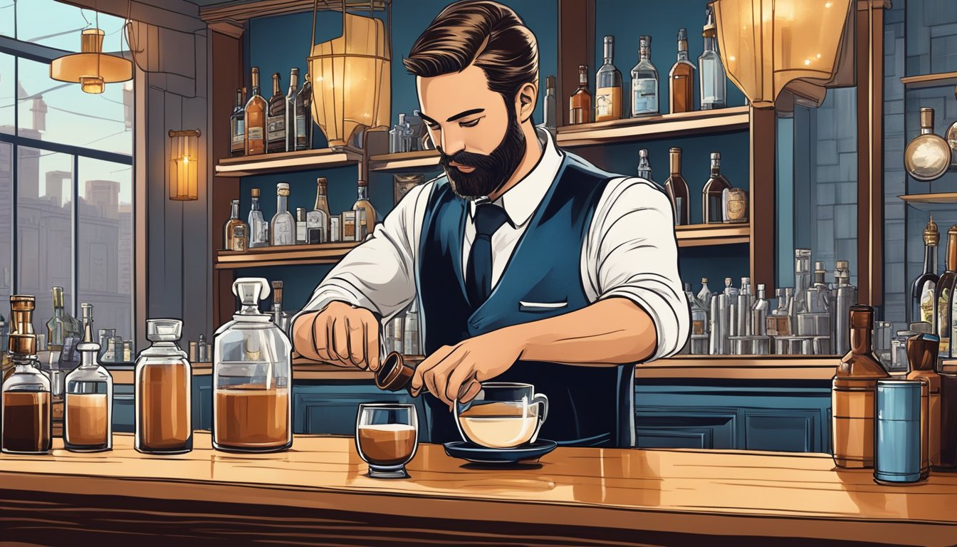 A sleek bar setting with a Texas gentleman crafting a luxurious coffee old fashioned fit for a king, using intricate mixology techniques