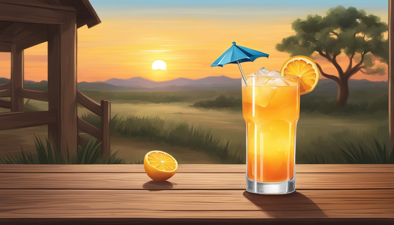 A Texan citrus sunrise cocktail on a rustic wooden table with a backdrop of a Texas landscape at sunrise