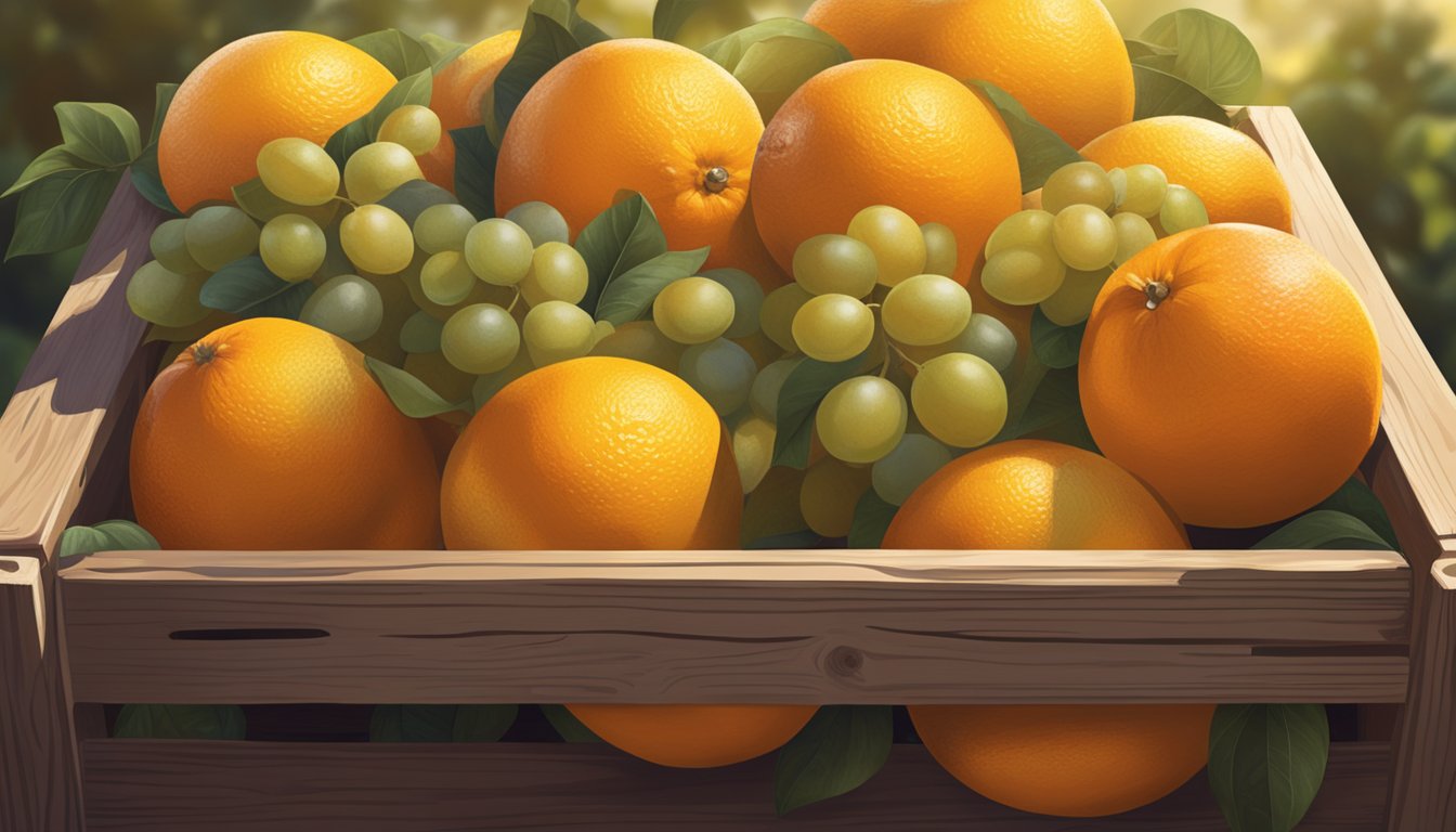 A rustic wooden crate filled with ripe oranges, lemons, and grapefruits, bathed in warm sunlight