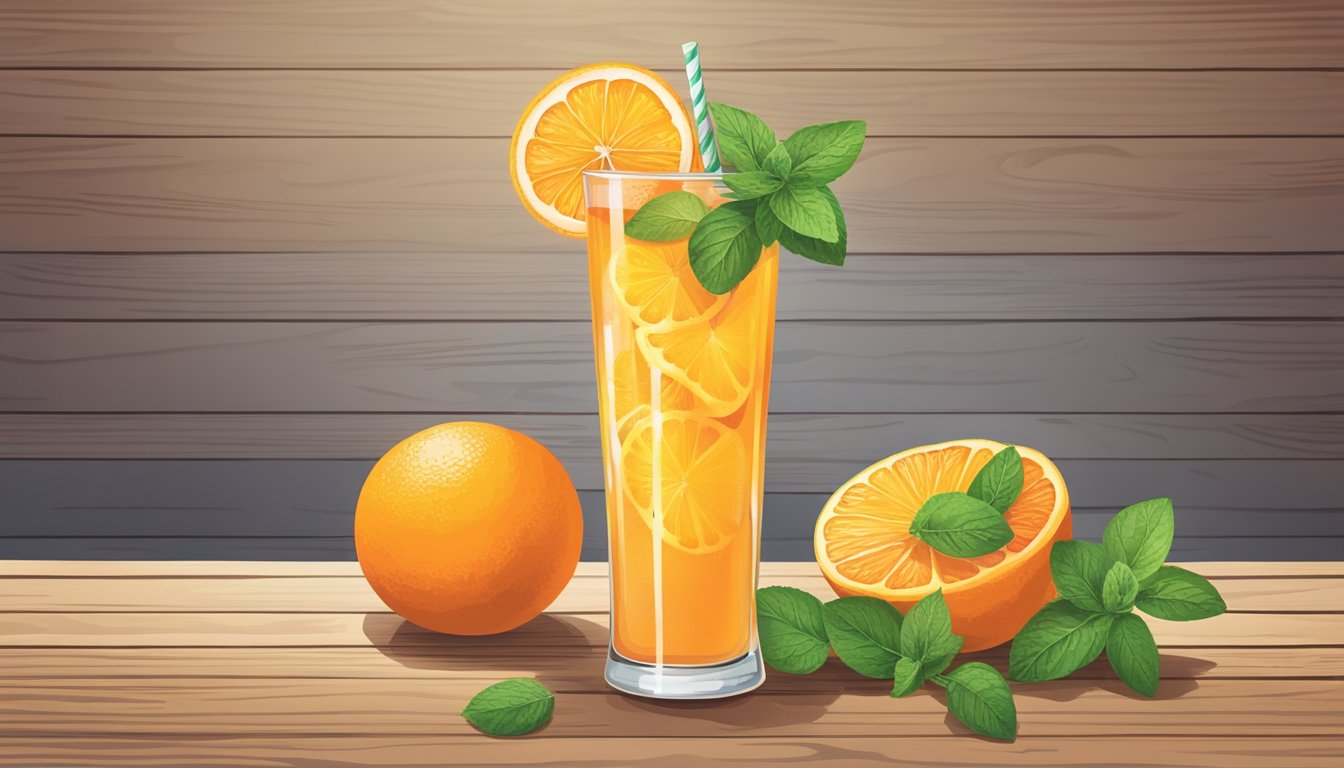 A tall glass filled with a vibrant orange citrus beverage, garnished with a slice of grapefruit and a sprig of fresh mint, sitting on a rustic wooden table