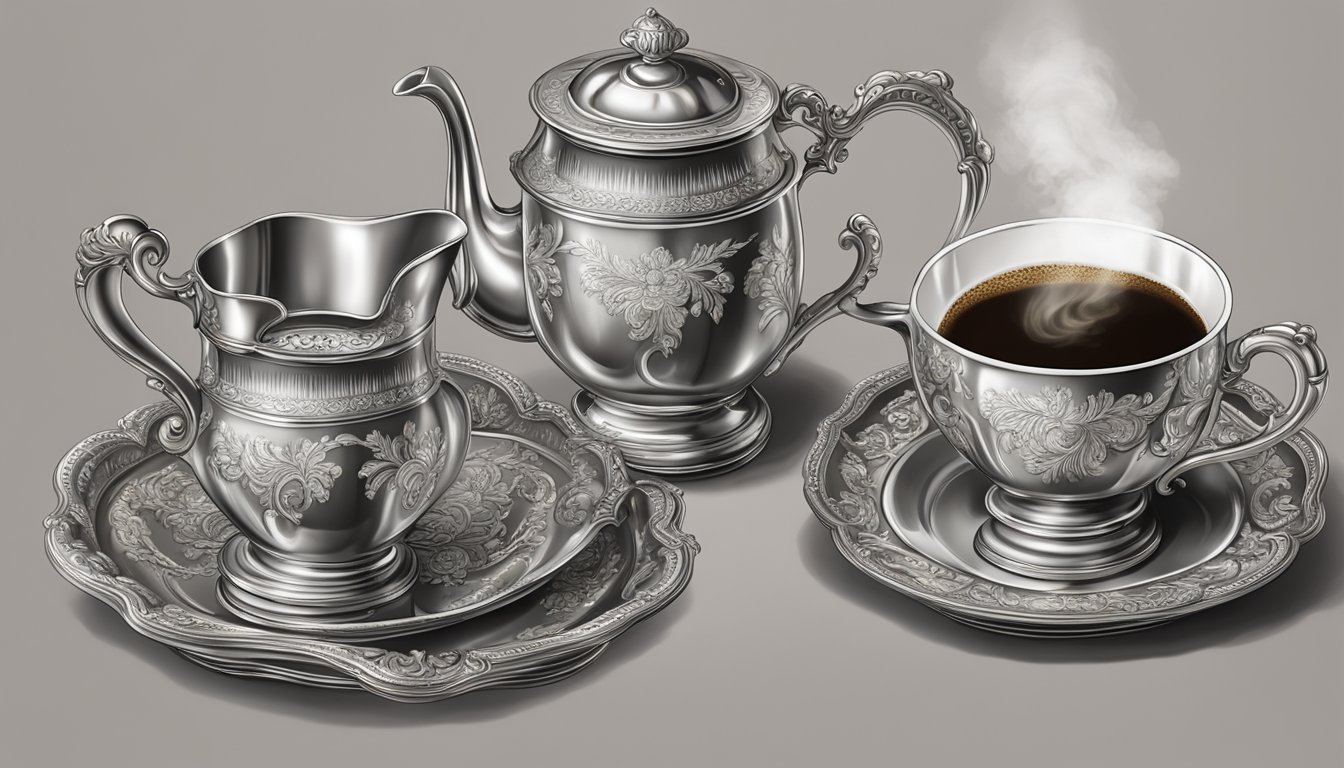 A silver tray holds a steaming coffee in an ornate, vintage cup, accompanied by a small pitcher of cream and a sugar cube on the side