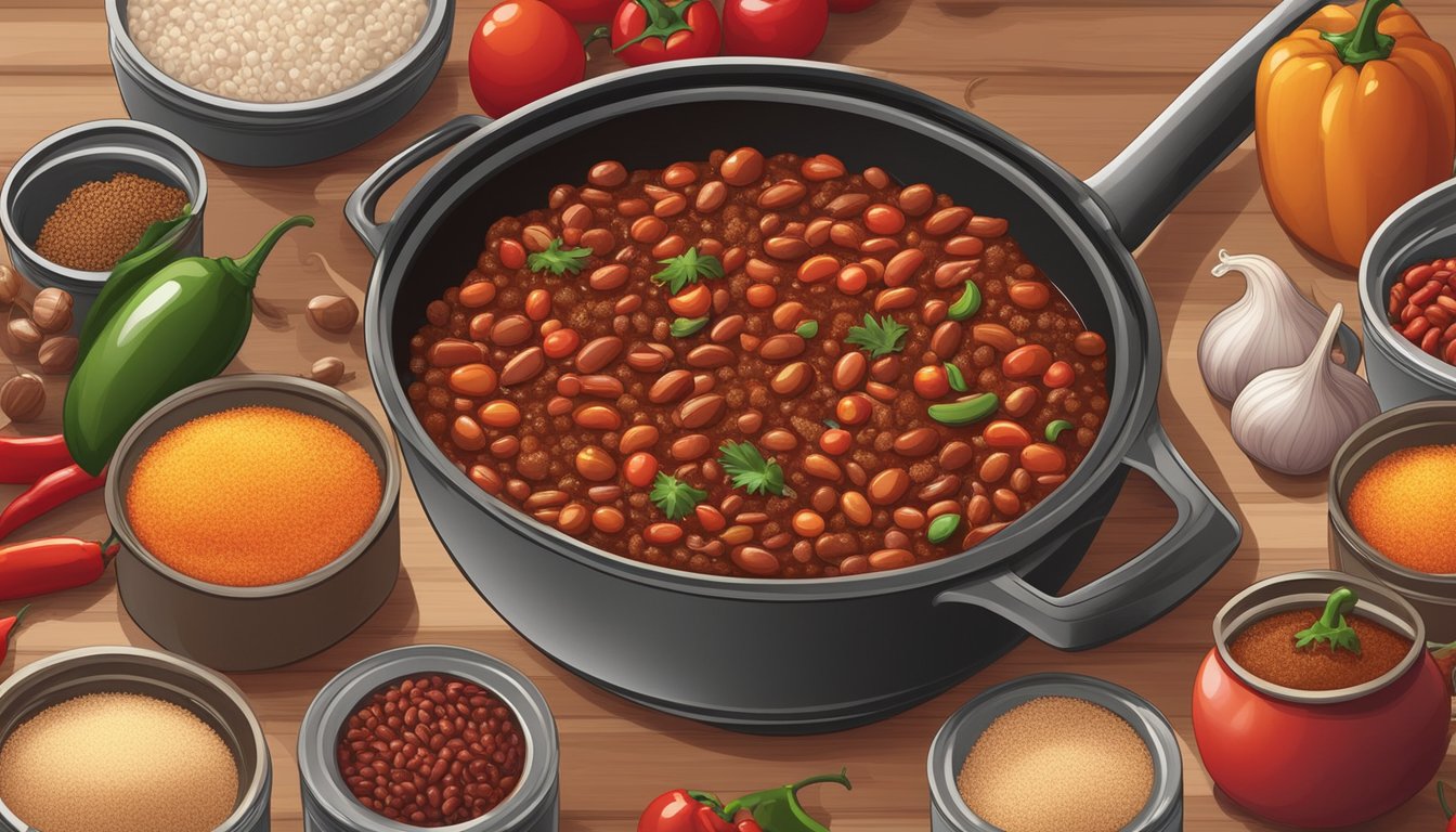 A bubbling pot of spicy chili surrounded by cans of beans, diced tomatoes, ground beef, and chili powder. Onions and garlic sizzling in a skillet nearby