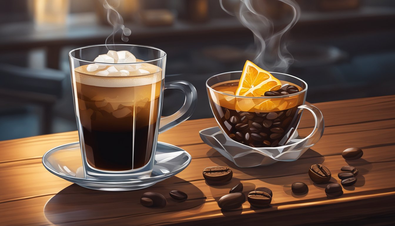 A steaming cup of coffee sits next to a crystal glass filled with a rich, amber-colored cocktail. Both are set on a dark, polished wood surface, surrounded by a scattering of coffee beans and a few cubes of ice