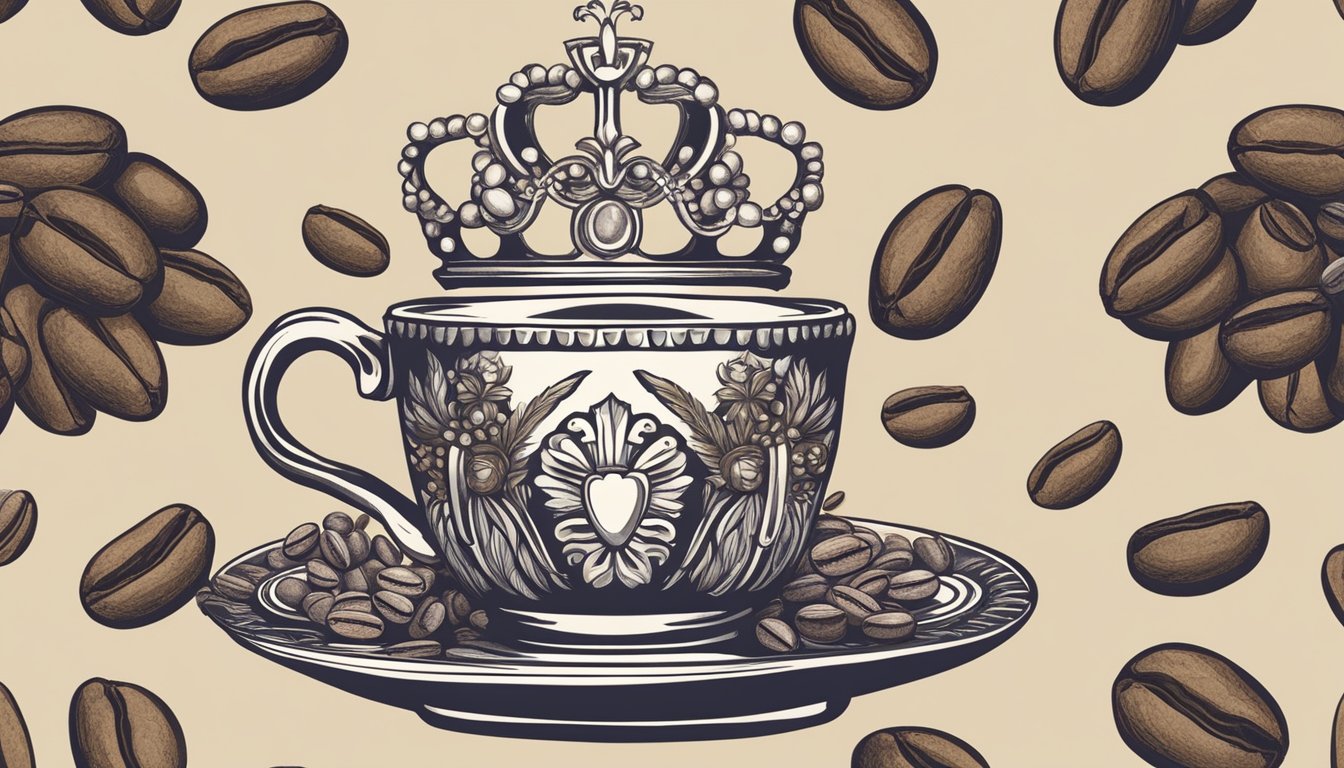 A regal coffee mug adorned with a crown, surrounded by vintage coffee beans and a classy backdrop