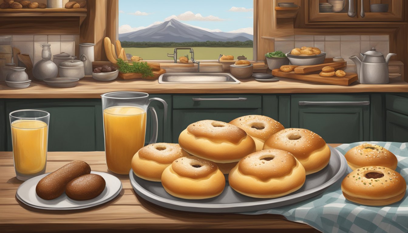 A rustic Texas kitchen with a table covered in freshly baked kolaches and a platter of savory sausage kolache, showcasing the state's rich culinary history