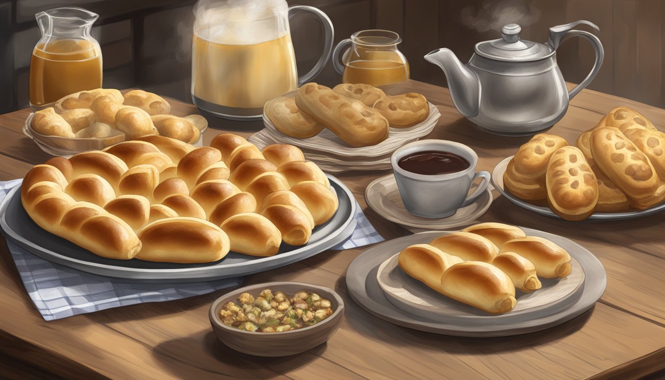 A rustic kitchen table with a platter of golden-brown sausage kolaches, steam rising from the freshly baked pastries