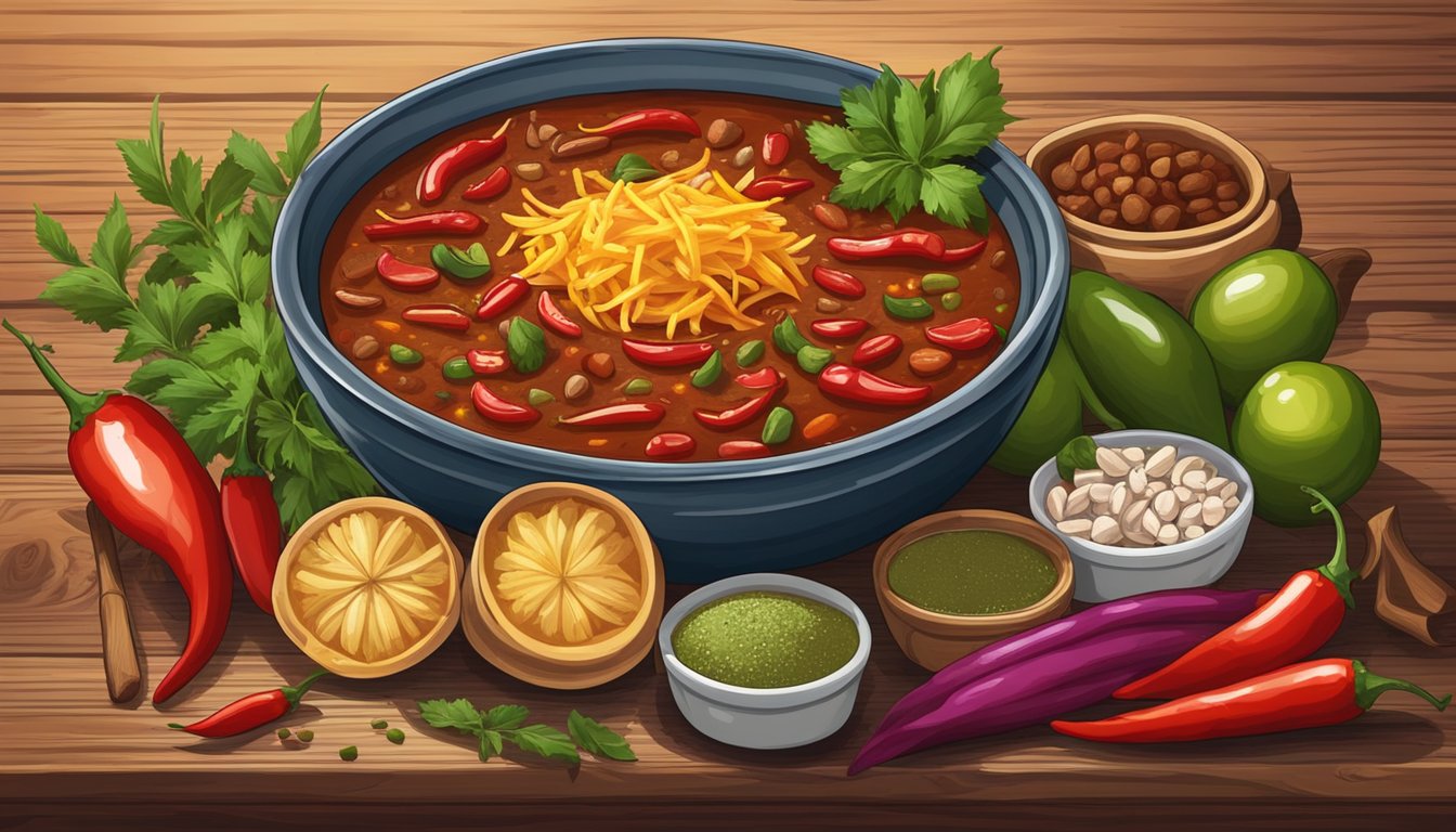 A steaming bowl of Texas chili sits on a rustic wooden table, surrounded by colorful spices and fresh ingredients