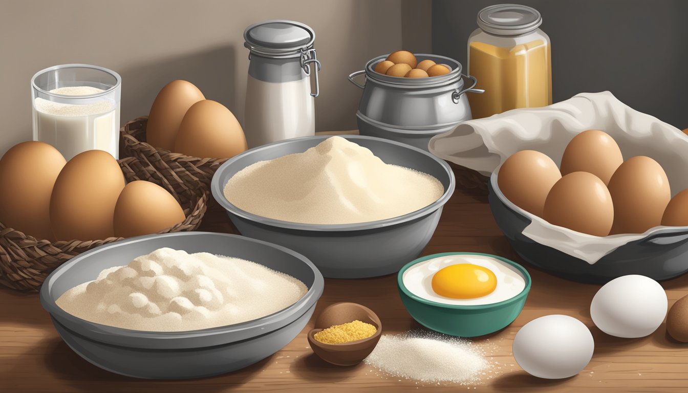 A rustic kitchen counter with a spread of flour, eggs, yeast, and Texas sausage, ready to be used in a kolache recipe