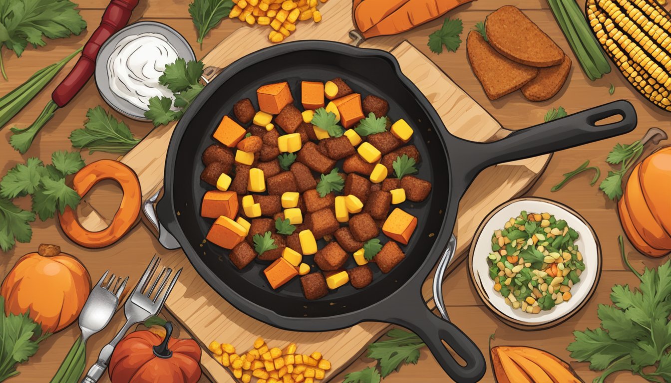 A rustic skillet over an open flame, filled with sizzling sweet potato, chorizo, and corn hash, evoking the essence of Texas cuisine