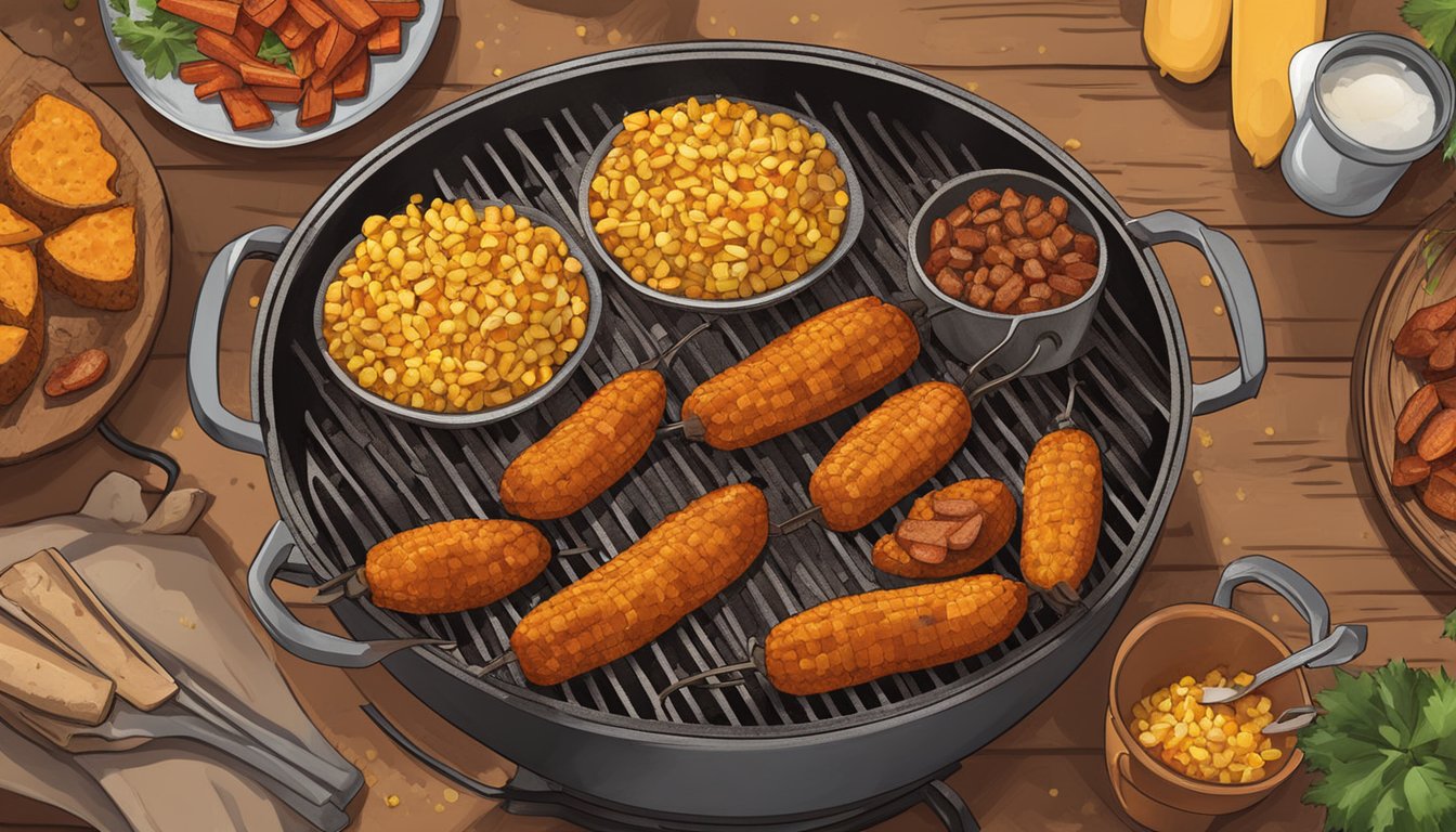 A rustic outdoor grill with sizzling sweet potato chorizo and corn hash cooking over an open flame, surrounded by Texas-themed decor